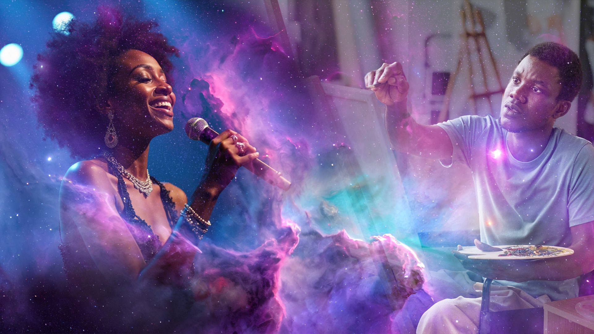Composite image of black female vocalist and black male painter with nebula and stars.