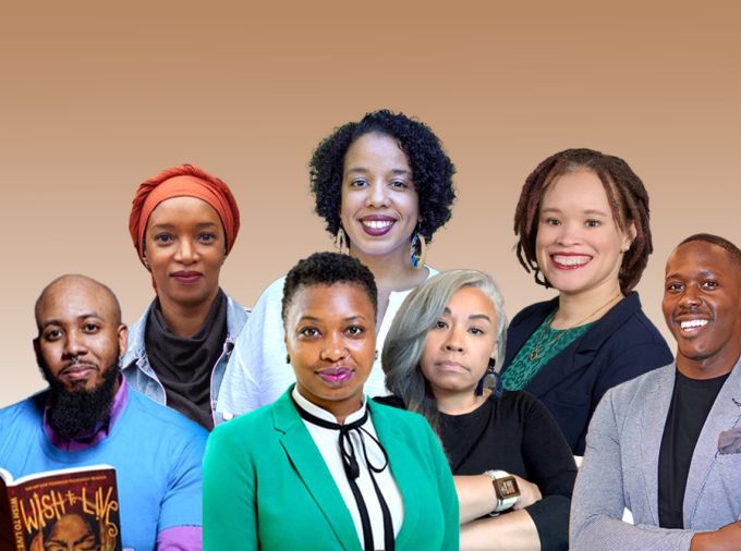 Composite portraits of webinar series guests.