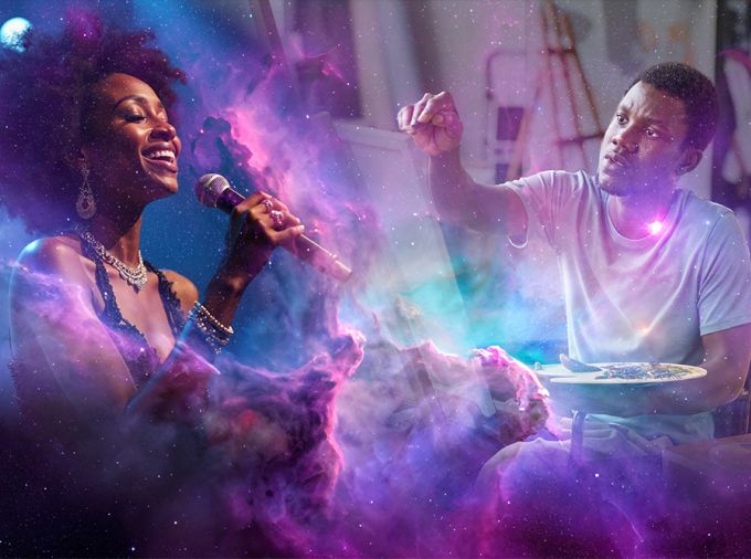 Composite image of black female vocalist and black male painter with nebula and stars.